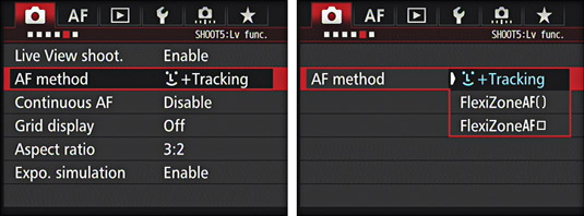 The Live View Auto Focus mode options on the Canon EOS 7D.