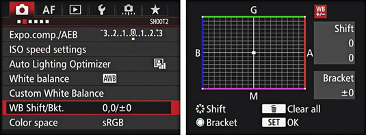 The WB shift option in a Canon's shooting menu.