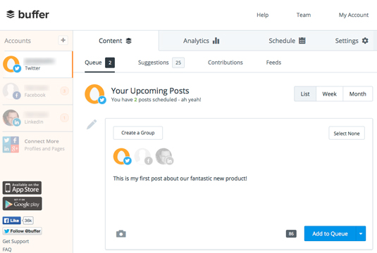 Figure 1: Scheduling your first social media post in Buffer.