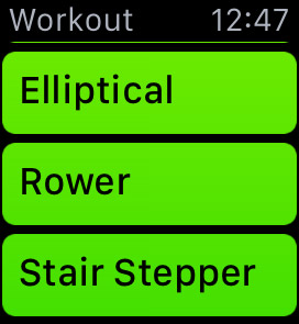 Swipe up or down to select a workout or you can cycle through them by twisting the Digital Crown button forward or backward.