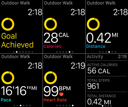 Swipe through the Workout screens to see a summary of your workout, including total calories burned, active calories burned (when you were physically exerting yourself), resting calories burned, average pace per mile, average heart rate, total distance, and total time of workout.