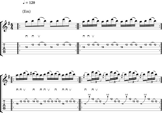 Economy picking with pentatonic scale licks.