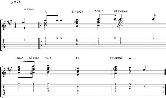 Playing chord melody in the style of Vince Guaraldi.