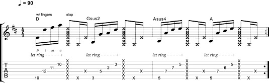 Playing a slap rhythm and using forward finger rolls.