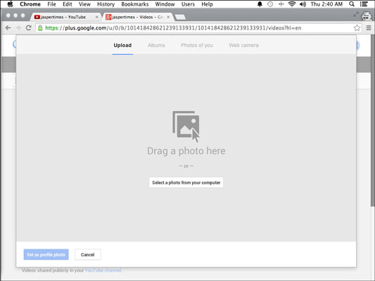 The Google+ dialog box for adding an icon to your channel.