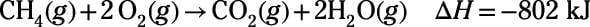 A reaction equation that describes the combustion of methane