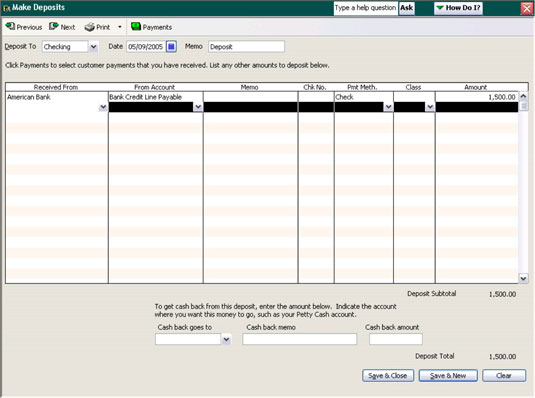 Recording receipt of cash from a credit line.