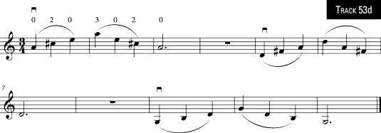 Three arpeggios with three-note slurs (A major, D major, and G major arpeggios).