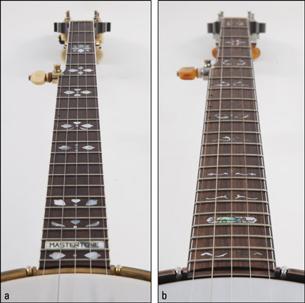 Comparing fingerboards: (a) flat and (b) radiused. [Credit: Photographs by Anne Hamersky]