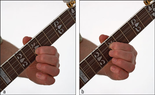 (a) Getting ready to play a second‐string, tenth‐fret choke; (b) bending the string to 