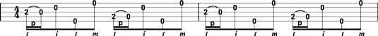 Playing the alternating thumb roll with third‐ and fourth‐string pull‐offs.