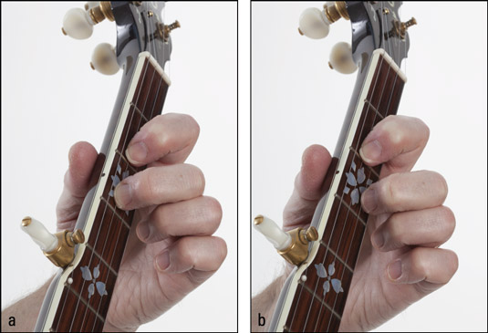 Playing a third‐string pull‐off: (a) positioning the fretting‐hand fingers and (b