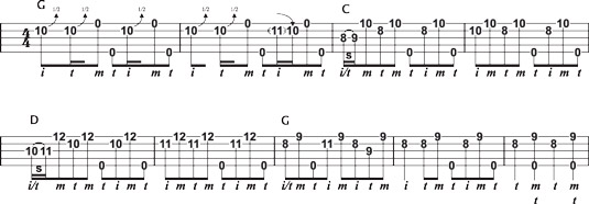 Creating an up‐the‐neck solo from G, C, and D licks.