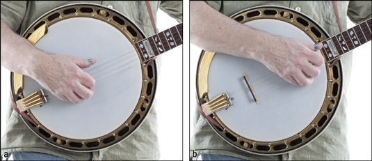 Positioning the picking hand (a) close to the bridge for lead playing and (b) close to the neck for