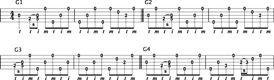 Adding slides to two‐measure forward‐roll backup licks in G.