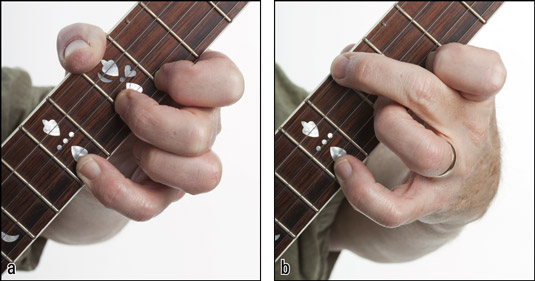 Fretting upper melodic‐style positions with (a) the thumb and (b) the middle finger. [Credit: