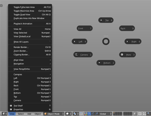 The View menu in the 3D View (left) and the pie menu version of the View menu (right).