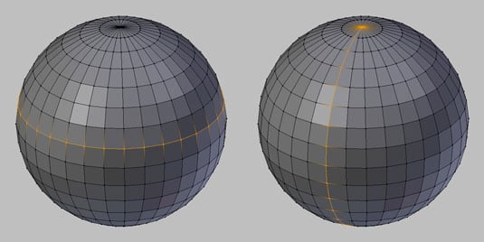 A closed edge loop (left) around a sphere and a terminating edge loop (right) on a sphere.