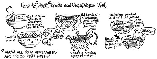 Washing your fruits and vegetables. [Credit: Illustration by Elizabeth Kurtzman]