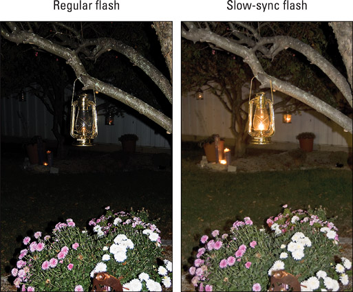 Slow‐sync flash produces softer, more even lighting than normal flash in nighttime pictures.