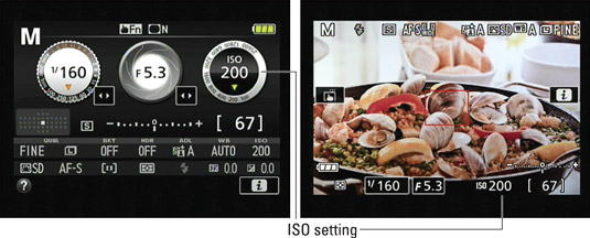 The ISO setting appears in the Information and Live View displays.