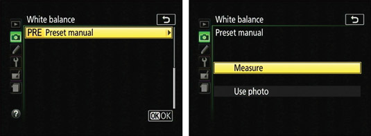 Select these options to set white balance by measuring a white or gray card.