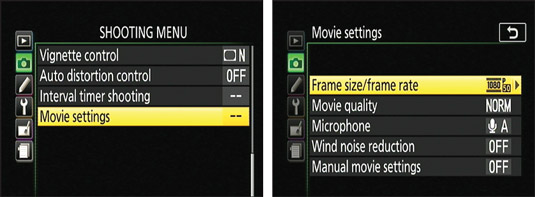 You can access the Frame Size/Frame Rate option via the Movie Settings option on the Shooting menu.