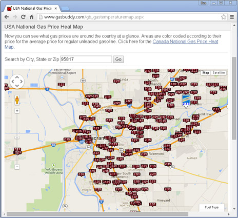 gasbuddy.com uses AJAX to display gas prices on a map.