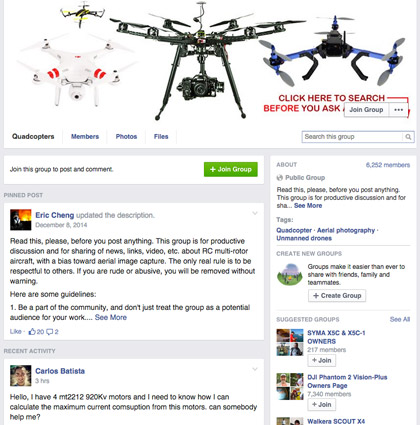 Quad­copters Facebook Group. [Credit: Courtesy of Tucker Krajewski]