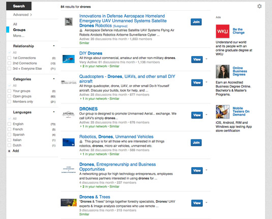 Searching for drone groups on LinkedIn yields pages of results. [Credit: Courtesy of Tucker Krajews