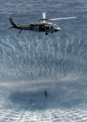 A helicopter’s downwash is easy to see on the open water. [Credit: Source: Vicki Burton/Creat