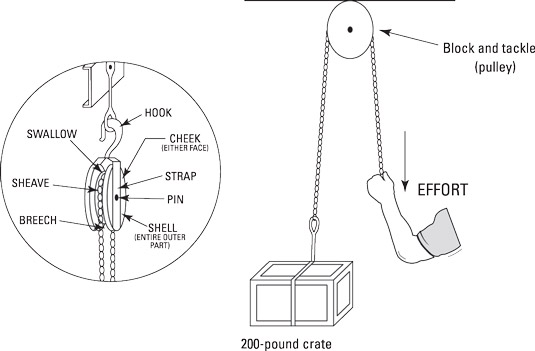 A pulley used in a block and tackle system.