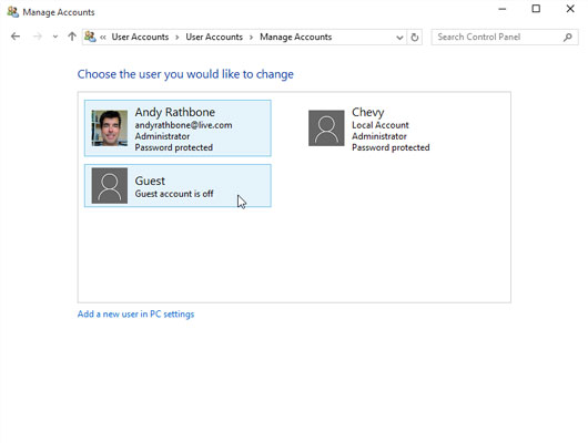 The Manage Accounts window lets you change the settings of other account holders on the computer.