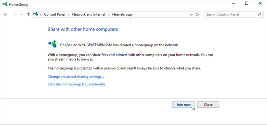 Click Join Now to join an existing Homegroup. Click Create to create a new Homegroup.