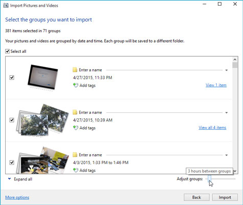 Windows offers groups of pictures based on the time and date you took them. You can review and modi