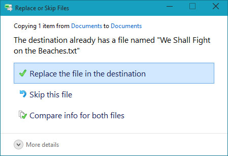 Choose whether to replace the existing file, skip the file, or choose which file to keep.