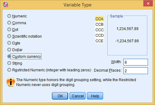 Five custom currency formats are available.