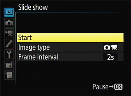 Choose Slide Show to set up automatic playback of pictures and movies.