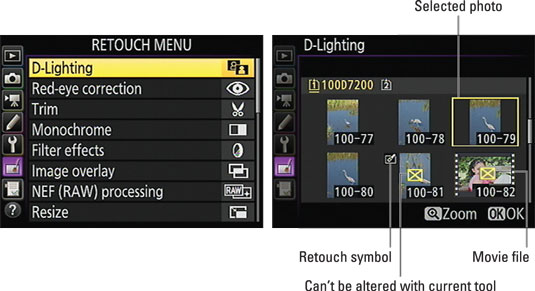 After selecting a Retouch menu option (left), select the photo you want to edit (right).