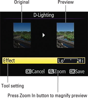 Some tools enable you to vary the impact of the adjustment and offer a before-and-after preview of 