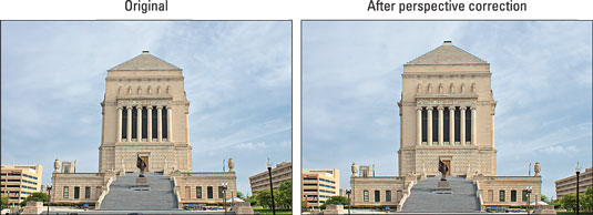 The original photo exhibited convergence (left); applying the Perspective Control filter corrected 