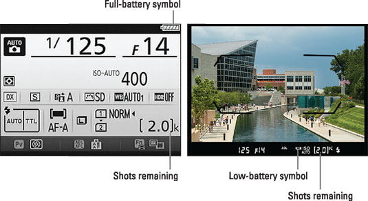 During viewfinder photography, you can verify the shots-remaining value and battery status in these