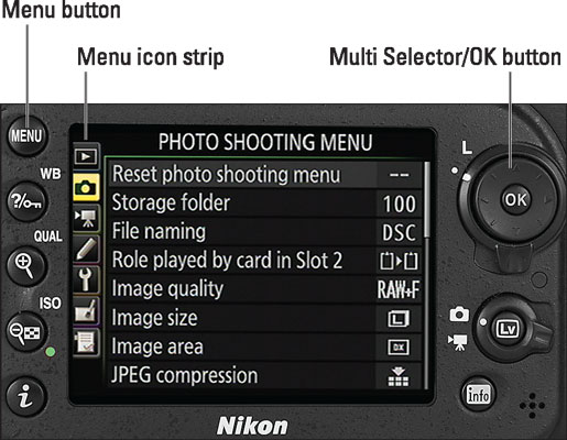 Press the Multi Selector left to activate the menu-icon strip; press right to activate the menu its