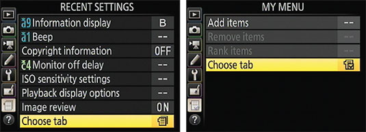 The Recent Settings menu offers quick access to the last 20 menu options you selected; the My Menu 