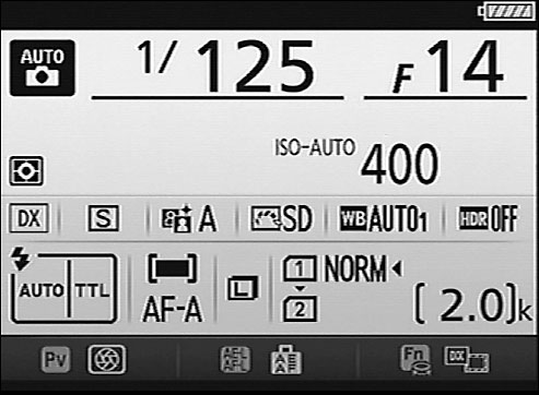 During viewfinder photography, press the Info button to view this screen, called the Information di