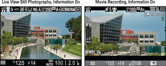 These screens are the defaults for Live View still photography (left) and movie shooting (right).