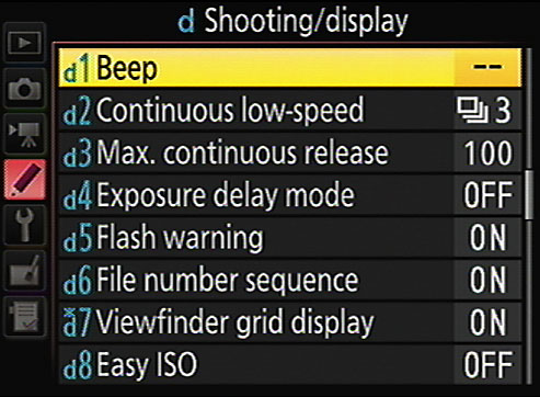 By default, the camera's beeper is disabled, enabling quieter shooting.