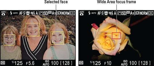 If the camera recognizes faces, you see yellow focus frames over each face (left); otherwise, the r