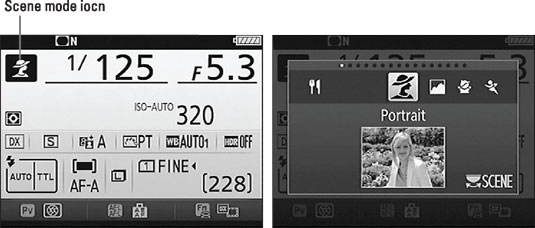 After setting the Mode dial to Scene, rotate the Main command dial to scroll through additional Sce