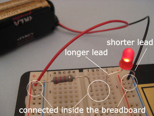 The LED circuit is easy to set up on a solderless breadboard.